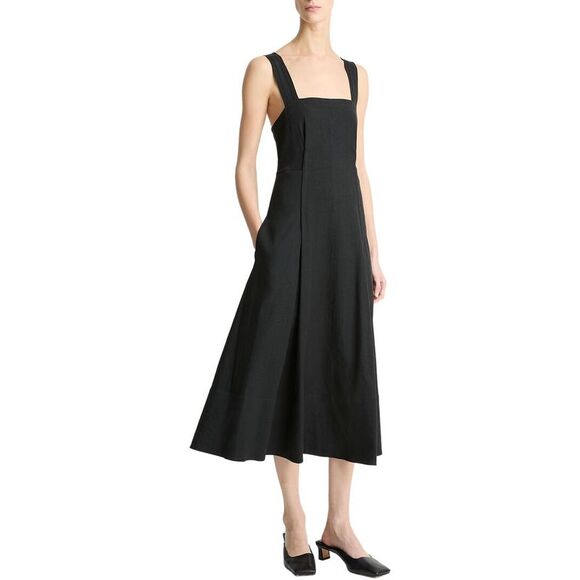 Vince Womens Square Neck Linen-Blend Tank Dress, Black - Picture 1 of 3